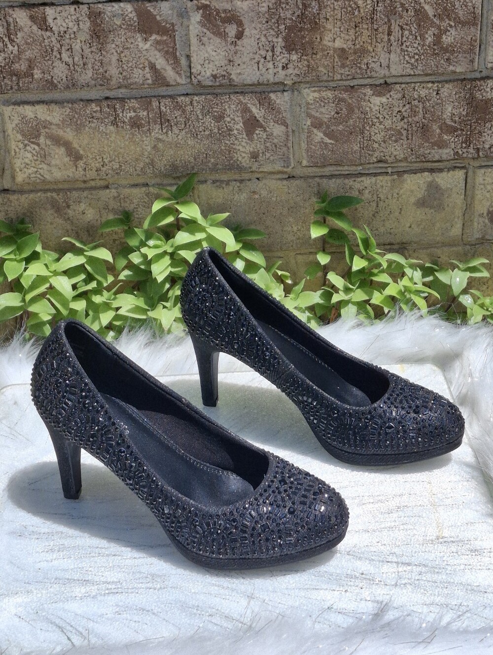 Silver Slipper Black Embellished Rhinestone Pumps Dress Heels Women Size 6 - Picture 5 of 16